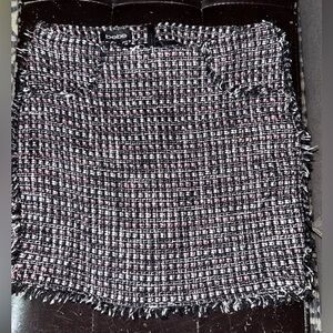 bebe Black and Pink Tweed Fringe Mini Skirt